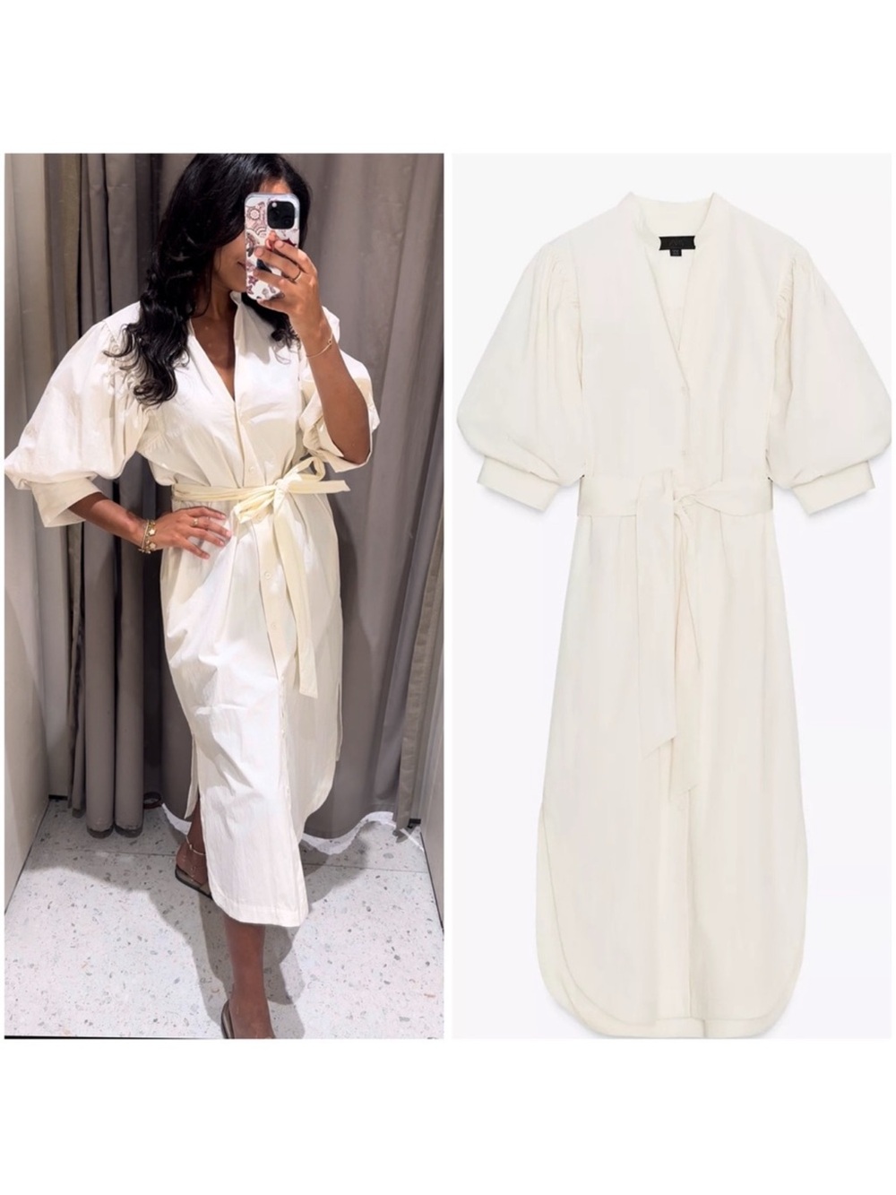 Zara ZW Collection Puff Sleeve Shirt Dress NWT Sz M Cottagecore Prairecore Ivory